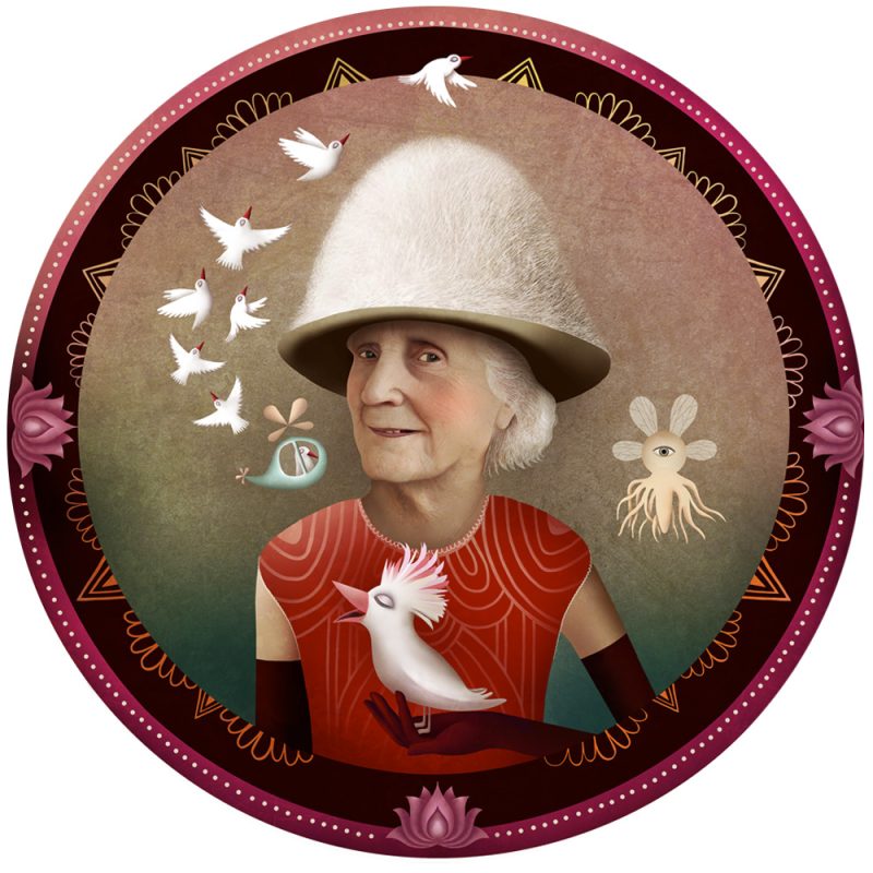 Portrait de résident senior réalisé par Anouchka Nowa – peinture digitale imprimée sur bois