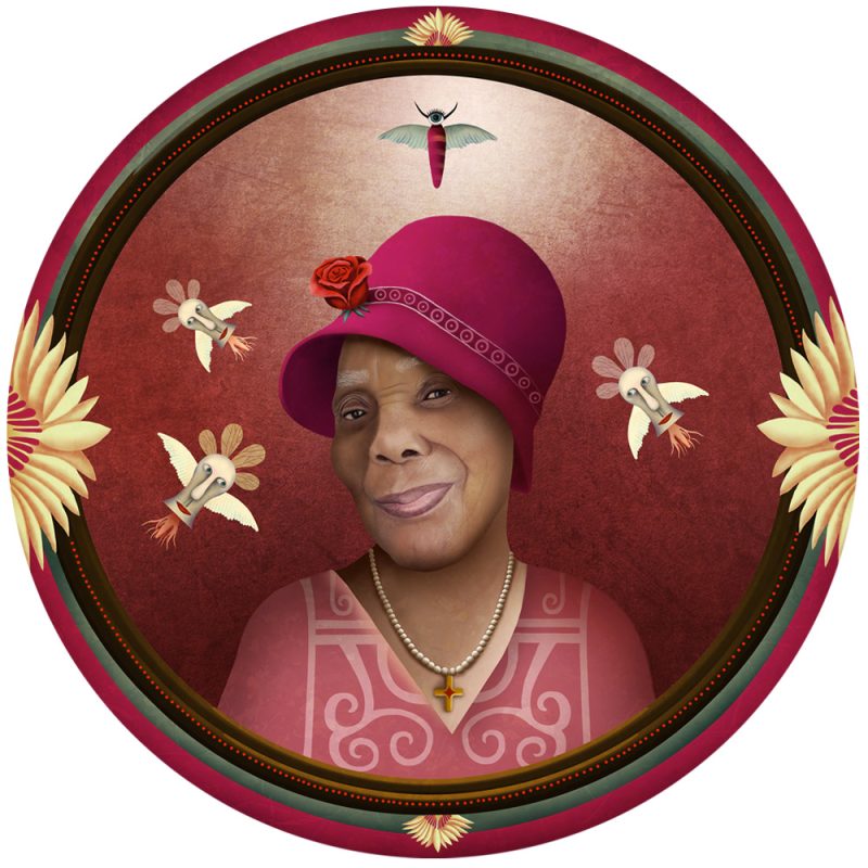 Portrait de résident senior réalisé par Anouchka Nowa – peinture digitale imprimée sur bois