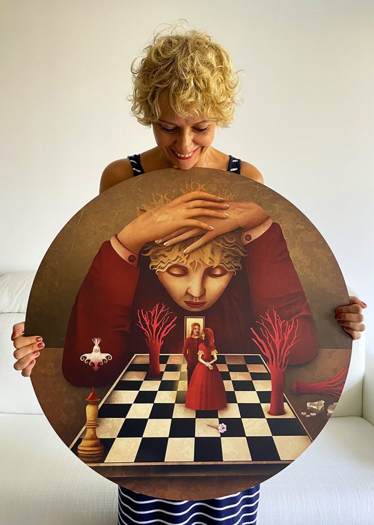 Œuvre réalisée sur commande – Tableau rond par Anouchka Nowa - Série "Le tueur à l'échiquier"