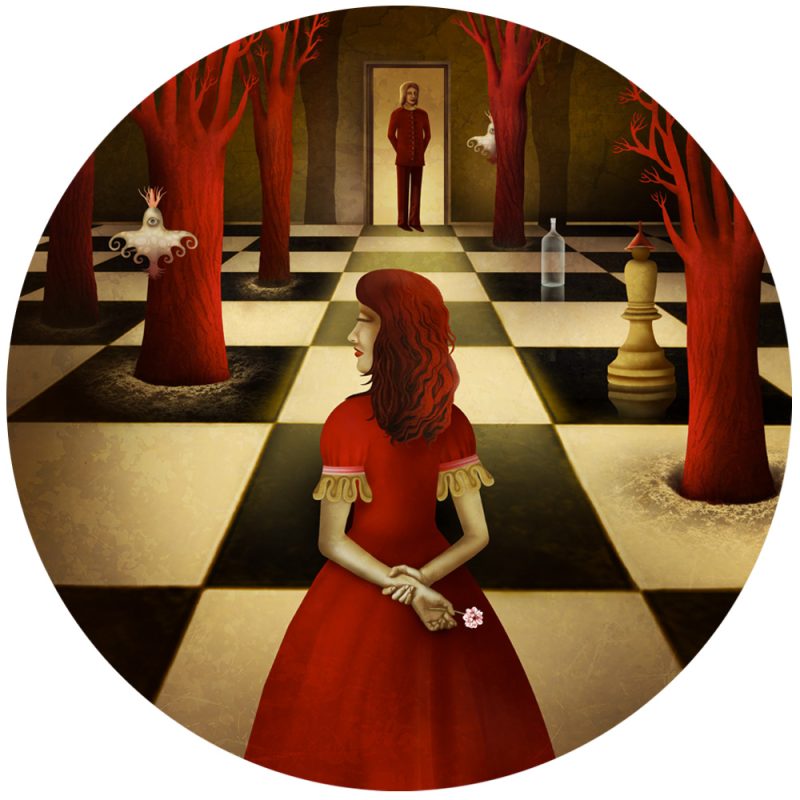 Œuvre réalisée sur commande – Tableau rond par Anouchka Nowa - Série "Le tueur à l'échiquier"