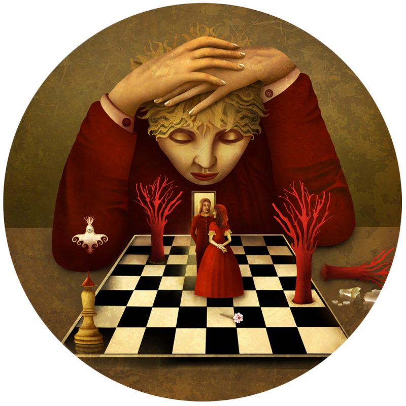 Œuvre réalisée sur commande – Tableau rond par Anouchka Nowa - Série "Le tueur à l'échiquier"