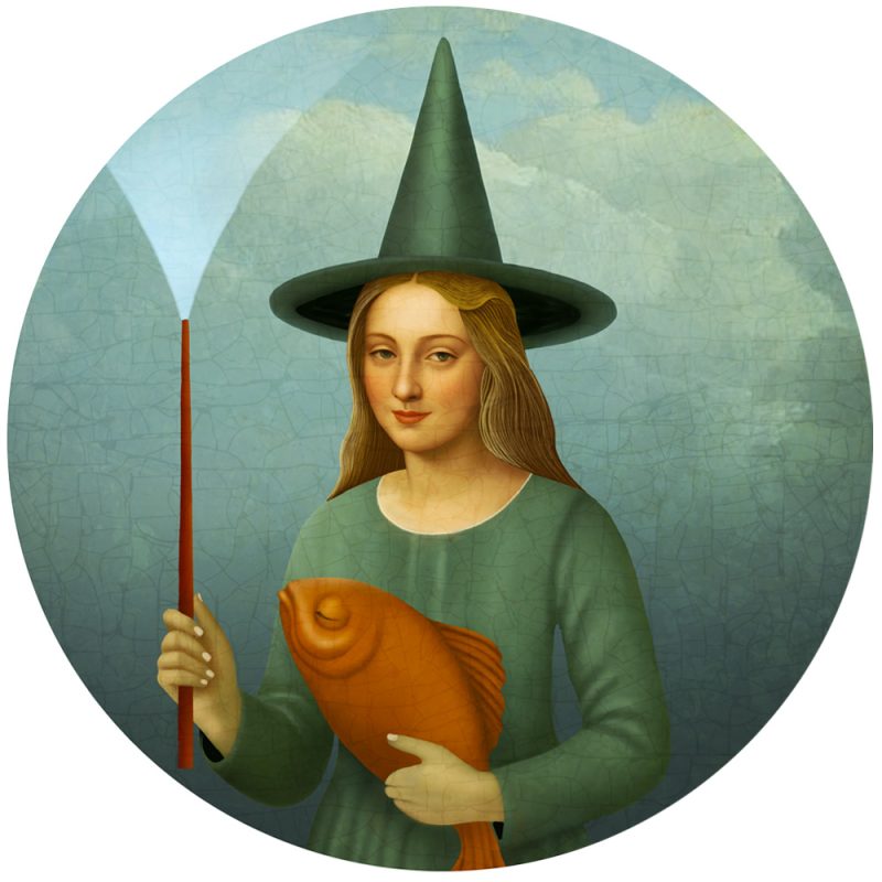 Tableau rond représentant une sorcière -impression unique sur bois par Anouchka Nowa – Collection Les illuminées