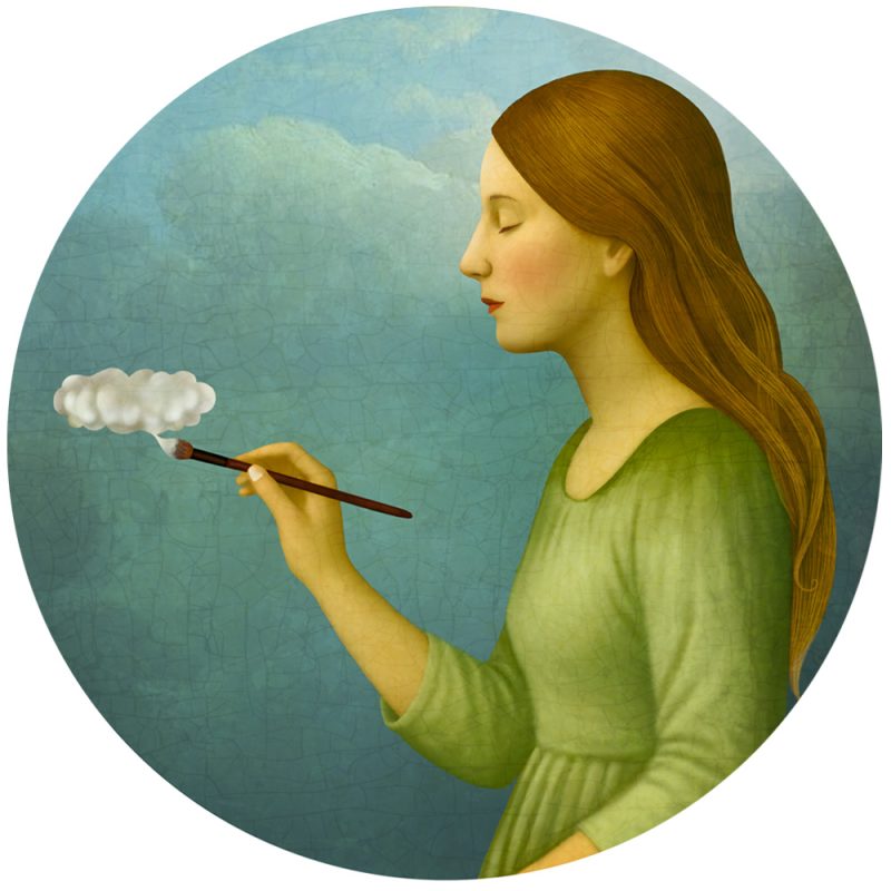 Tableau rond représentant une peintre-impression unique sur bois par Anouchka Nowa – Collection Les illuminées